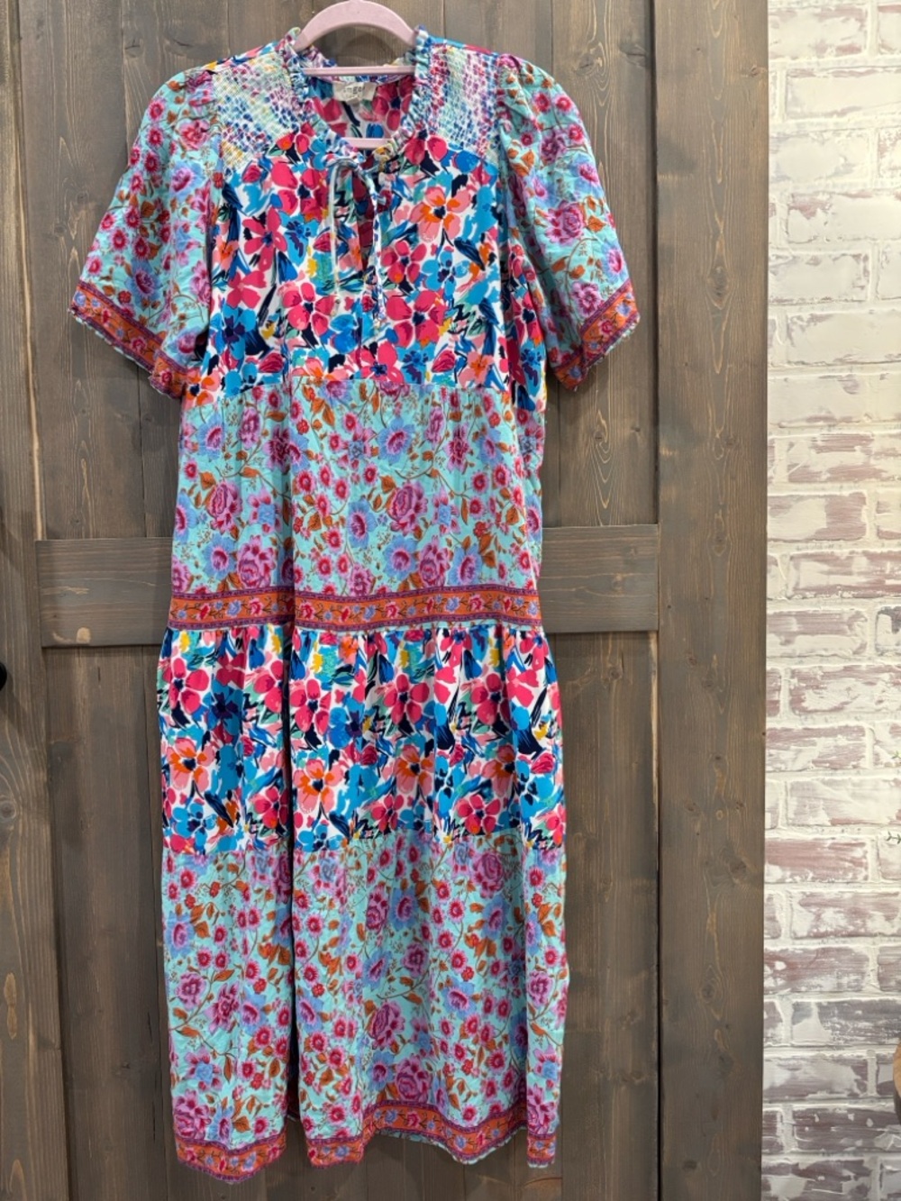 Umgee Floral Dress Tie Neck Ruffle Sleeve Flowy Pink Blue Blooms